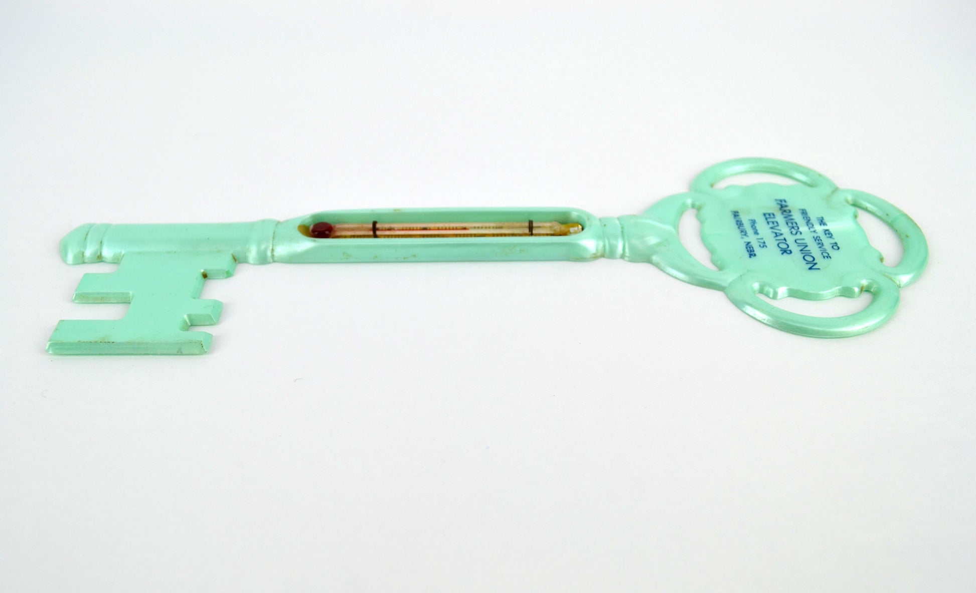 Vintage Skeleton Key Advertising Thermometer Fairbury Nebraska Farmers Union 1960s - Avid Vintage