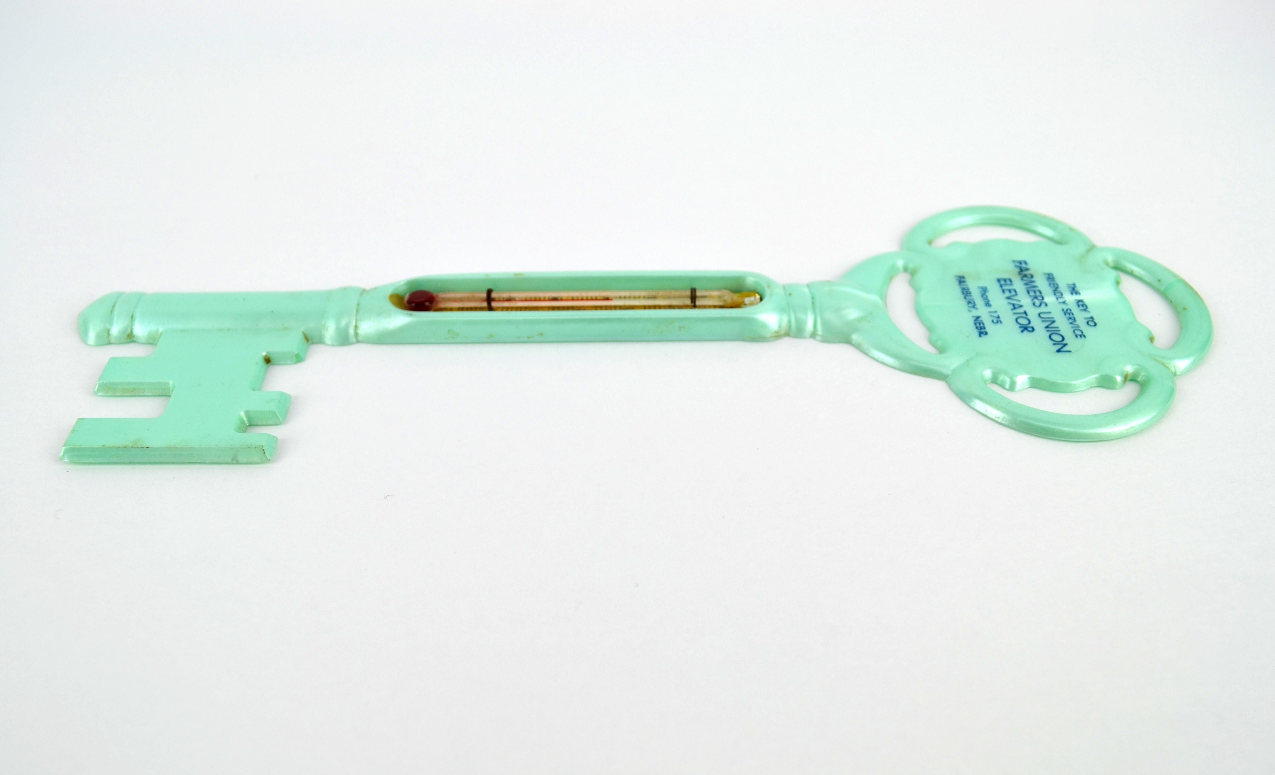 Vintage Skeleton Key Advertising Thermometer Fairbury Nebraska Farmers Union 1960s - Avid Vintage