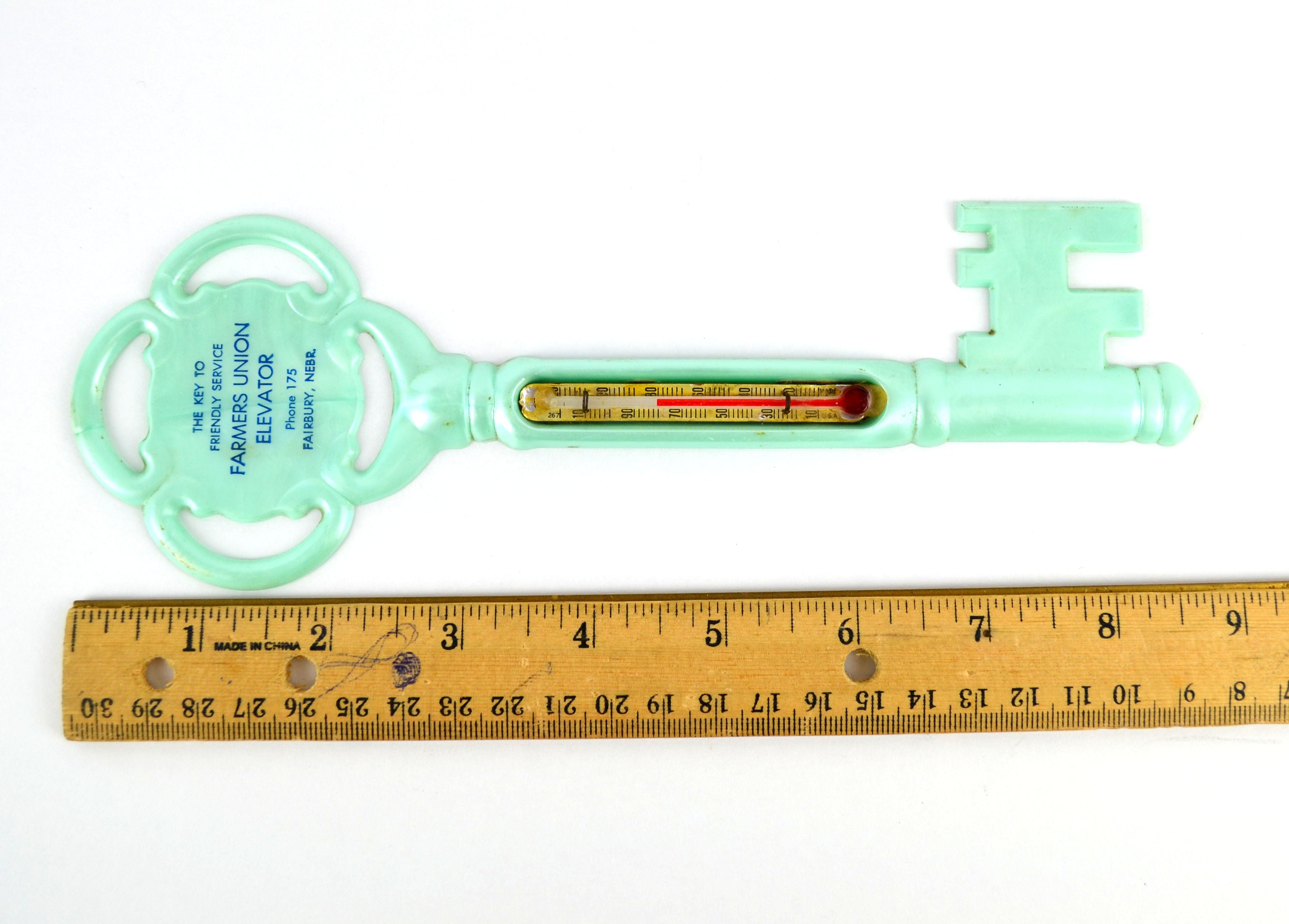 Vintage Skeleton Key Advertising Thermometer Fairbury Nebraska Farmers Union 1960s - Avid Vintage