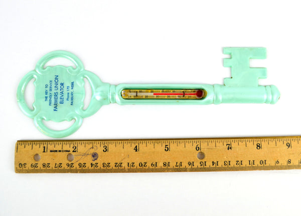 Vintage Skeleton Key Advertising Thermometer Fairbury Nebraska Farmers Union 1960s - Avid Vintage