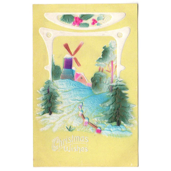 Snowy Windmill Scene Highly Embossed Antique Christmas Wishes Postcard - Avid Vintage