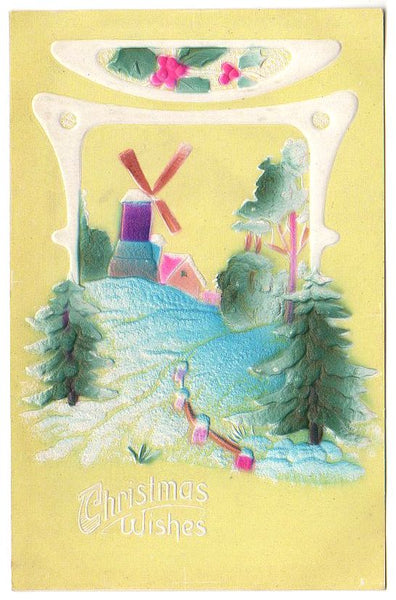 Snowy Windmill Scene Highly Embossed Antique Christmas Wishes Postcard - Avid Vintage