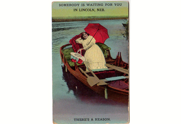 Vintage Romance Postcard Woman in Boat Waiting for You in Lincoln Nebraska - Avid Vintage