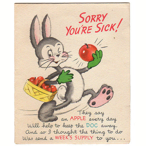 Sorry You're Sick Vintage 1940s Greeting Card Rabbit Juggling Red Apples Forget Me Not - Avid Vintage