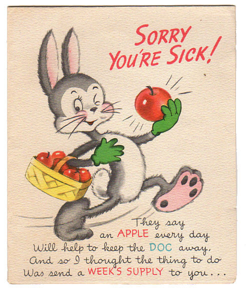 Sorry You're Sick Vintage 1940s Greeting Card Rabbit Juggling Red Apples Forget Me Not - Avid Vintage