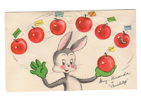 Sorry You're Sick Vintage 1940s Greeting Card Rabbit Juggling Red Apples Forget Me Not - Avid Vintage