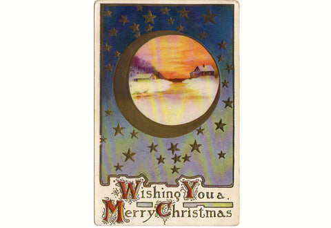 Vintage Embossed Merry Christmas Postcard Farm Scene Gold Stars 1910s Greeting - Avid Vintage