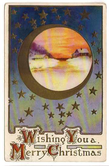 Vintage Embossed Merry Christmas Postcard Farm Scene Gold Stars 1910s Greeting - Avid Vintage