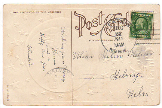 Vintage Embossed Merry Christmas Postcard Farm Scene Gold Stars 1910s Greeting - Avid Vintage