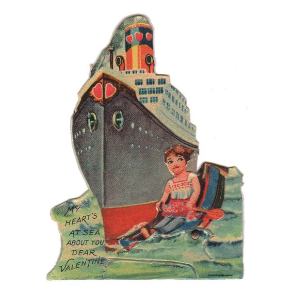 Steamship Girl Rowing Boat Vintage Valentine Card Hearts at Sea - Avid Vintage