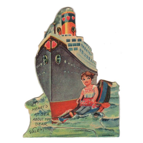 Steamship Girl Rowing Boat Vintage Valentine Card Hearts at Sea - Avid Vintage