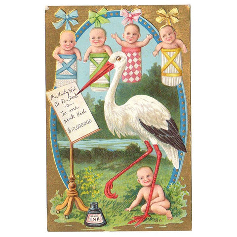 Stork Choosing Baby Vintage 1910s Embossed Postcard Ink Bottle Unused - Avid Vintage
