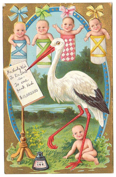 Stork Choosing Baby Vintage 1910s Embossed Postcard Ink Bottle Unused - Avid Vintage