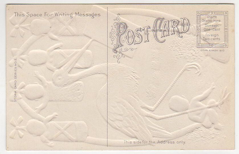 Stork Choosing Baby Vintage 1910s Embossed Postcard Ink Bottle Unused - Avid Vintage