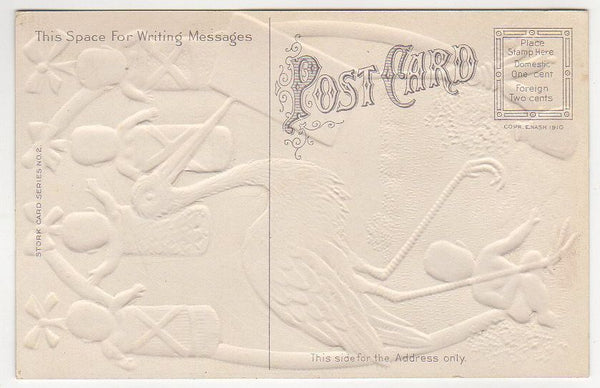 Stork Choosing Baby Vintage 1910s Embossed Postcard Ink Bottle Unused - Avid Vintage