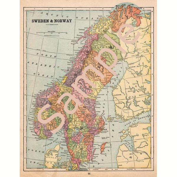 Antique 1900 Printable Map of Sweden and Norway Color Illustration Digital File - Avid Vintage
