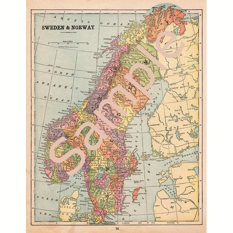 Antique 1900 Printable Map of Sweden and Norway Color Illustration Digital File - Avid Vintage