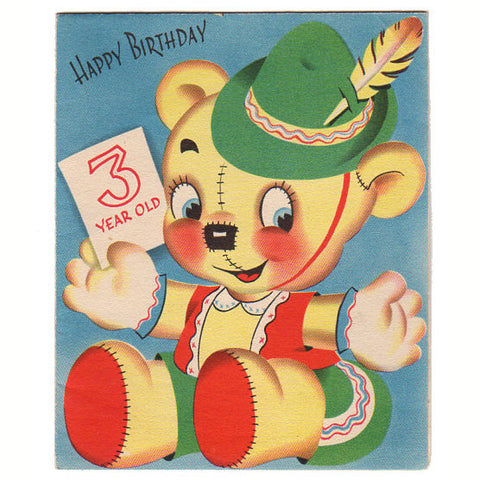 Teddy Bear in Swiss Suit and Hat Vintage 1950s 3 Year Old Birthday Card - Avid Vintage