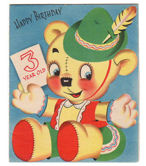 Teddy Bear in Swiss Suit and Hat Vintage 1950s 3 Year Old Birthday Card - Avid Vintage