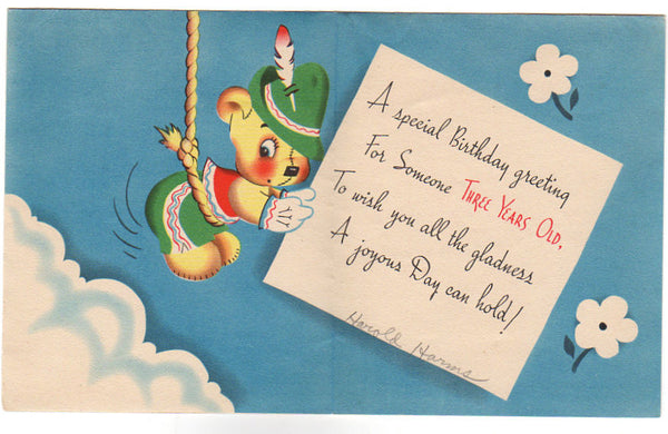 Teddy Bear in Swiss Suit and Hat Vintage 1950s 3 Year Old Birthday Card - Avid Vintage