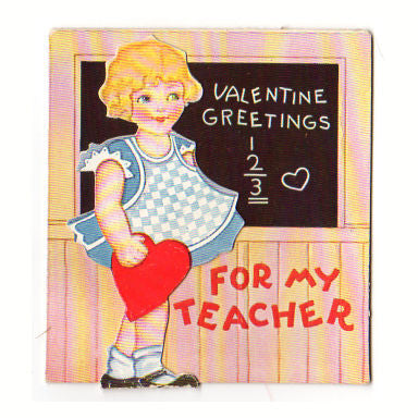 Vintage 1930s Teacher Valentine Greeting Card Girl in Blue Dress at Chalkboard - Avid Vintage