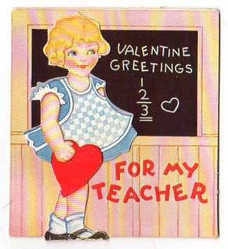 Vintage 1930s Teacher Valentine Greeting Card Girl in Blue Dress at Chalkboard - Avid Vintage