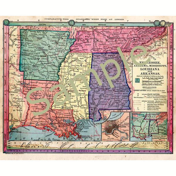 Map of Arkansas, Mississippi and Louisiana