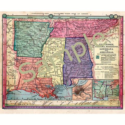 Antique Printable 1885 Color Map of Tennessee Mississippi Arkansas Louisiana and Alabama Instant Download - Avid Vintage