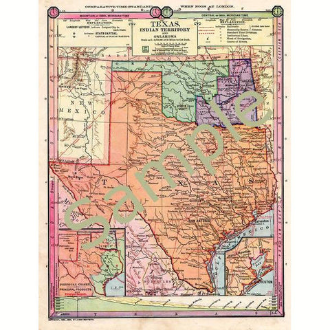 Antique 1885 Color Printable Map of Texas Oklahoma Indian Territory Instant Download 1880s Color Cartography - Avid Vintage