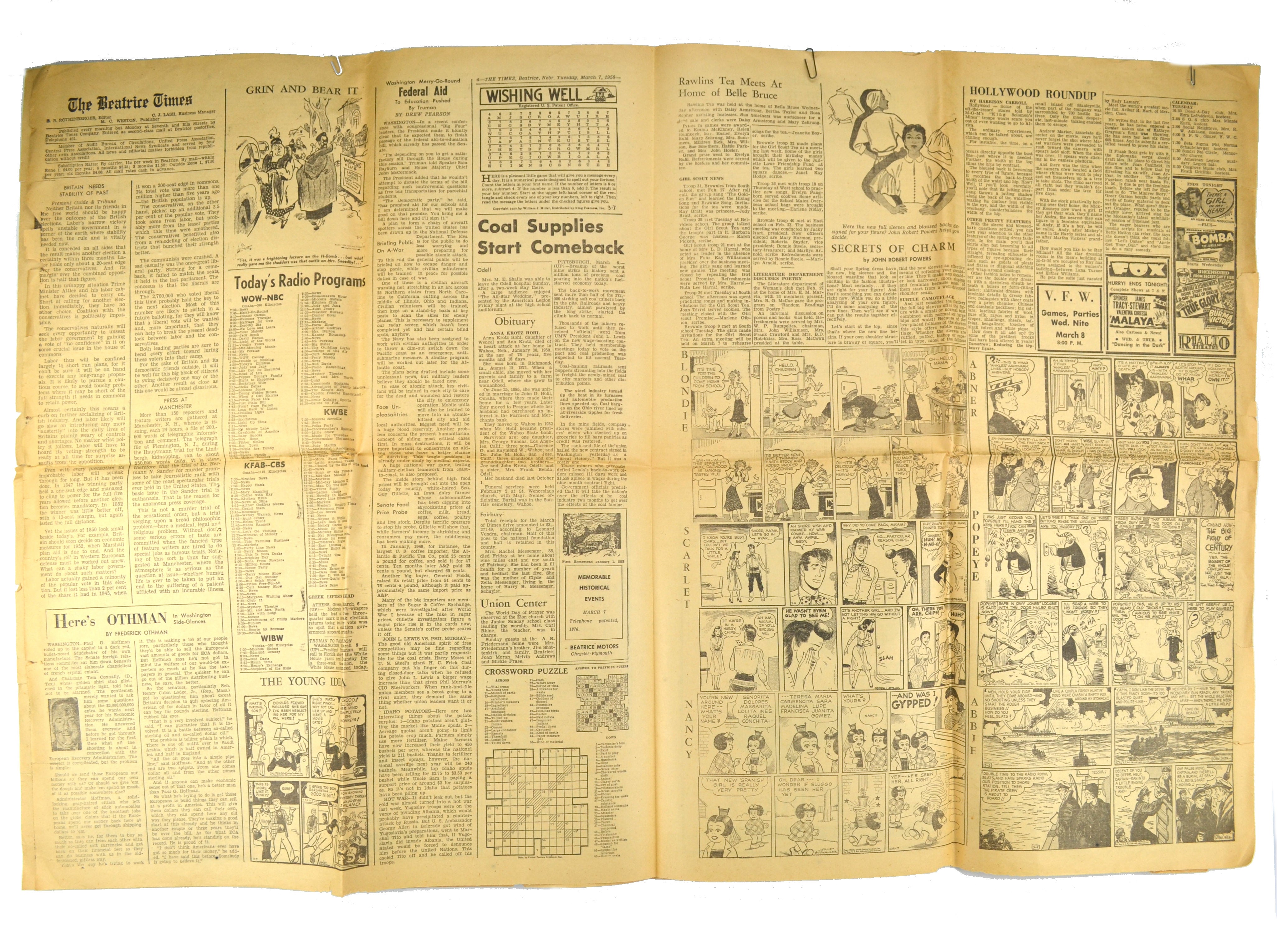 Vintage Nebraska Newspaper The Beatrice Times March 7, 1950 - Avid Vintage