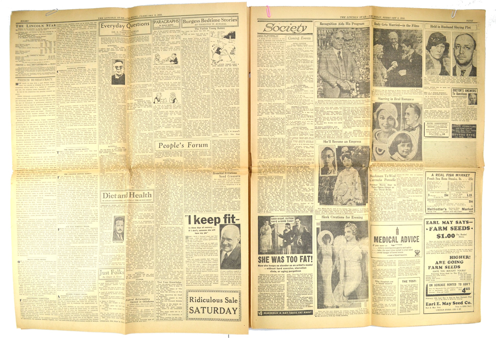 Vintage Nebraska Newspaper The Lincoln Star February 8, 1934 - Avid Vintage