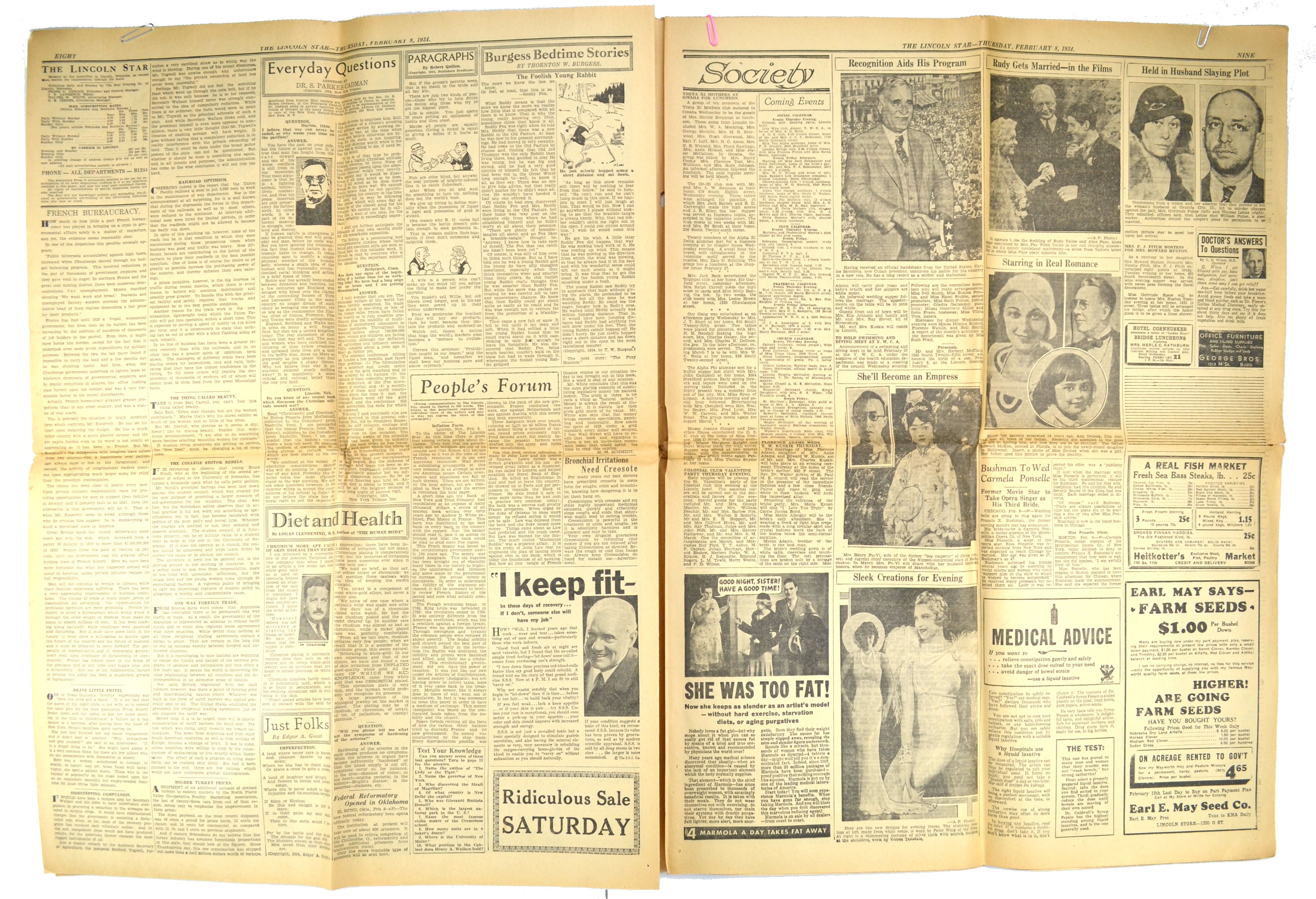 Vintage Nebraska Newspaper The Lincoln Star February 8, 1934 - Avid Vintage