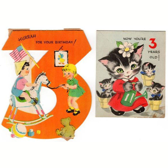 Vintage 1950s Three Year Old Birthday Cards Lot of 2 Rocking Horse Kitten Volland - Avid Vintage