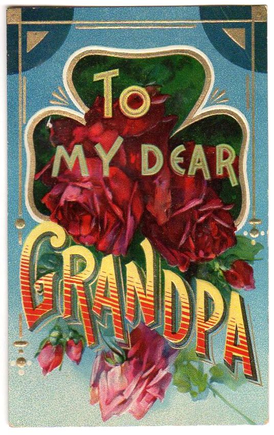 To My Dear Grandpa Unused Vintage Postcard Embossed Red Roses Shamrock - Avid Vintage