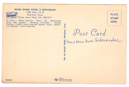 Vintage 1960s Sherman Texas Trade Winds Motel and Restaurant Souvenir Postcard - Avid Vintage