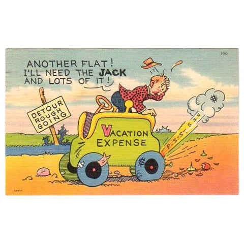 Vintage Tichnor Comic Postcard Vacation Humor Flat Tire Need Lots of Jack