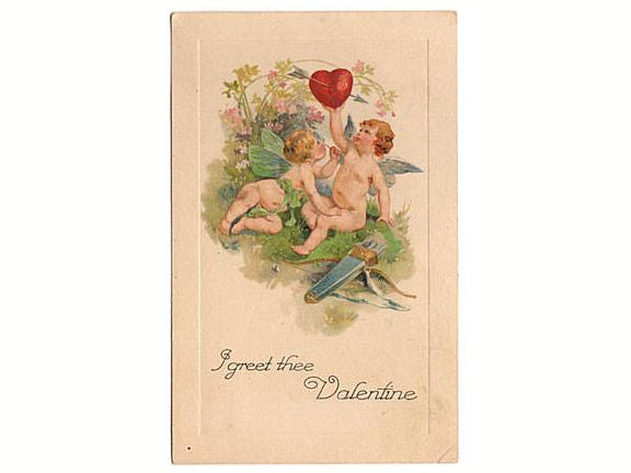 Antique Cherubs Valentine Postcard Red Heart Arrows and Quiver - Avid Vintage