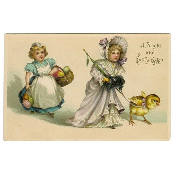 Vintage 1910s Easter Greetings Postcard Victorian Girls with Colored Eggs Yellow Chick - Avid Vintage