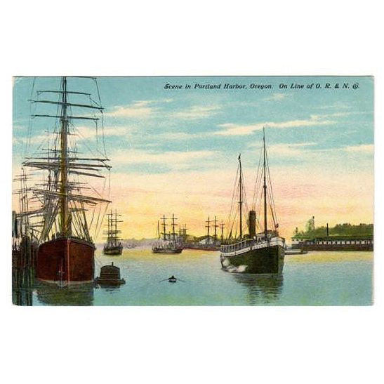 Vintage 1910's Portland Harbor Oregon Postcard Ships on Water O R and N Railroad A 8465 Unused