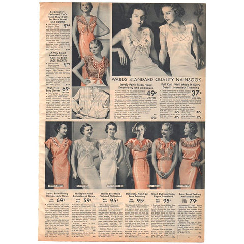 Vintage 1936 Embroidered Night Gowns Womens Hosiery Catalog Page Print Ad