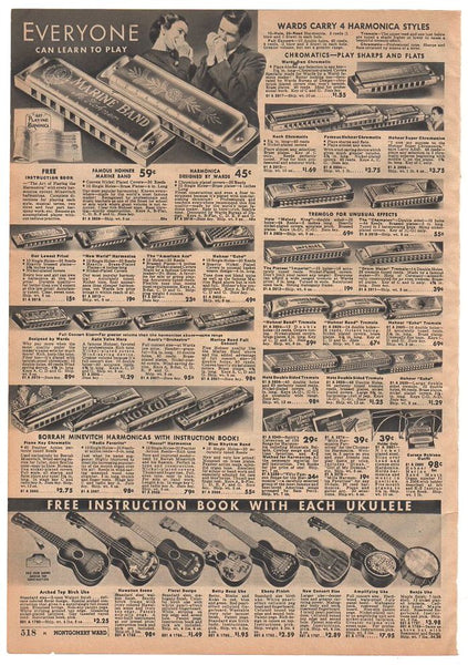Vintage 1936 Harmonicas Ukuleles Catalog Page Print Ad