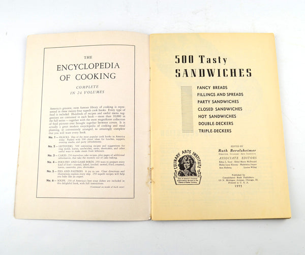 Vintage 1955 Cookbook 500 Tasty Sandwiches Culinary Arts Softcover Sandwich Recipes