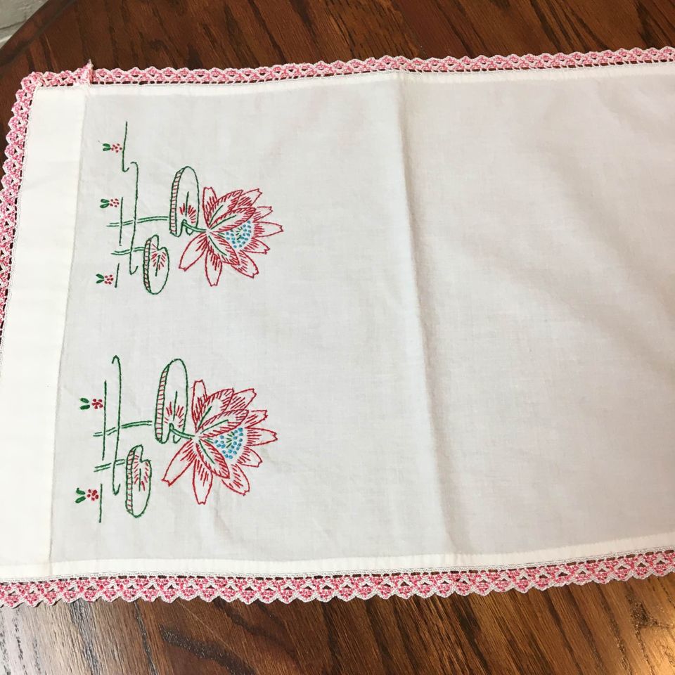 Vintage 1965 Hand Embroidered Dresser Scarf or Table Runner Lily Pads 40 x 13 - Avid Vintage