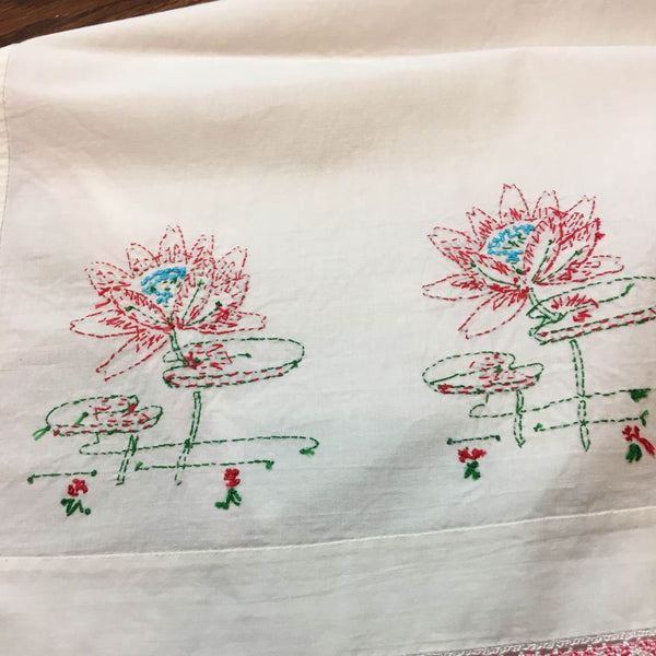 Vintage 1965 Hand Embroidered Dresser Scarf or Table Runner Lily Pads 40 x 13