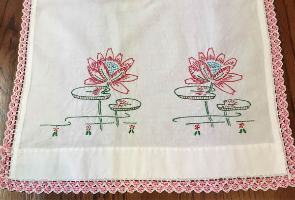 Vintage 1965 Hand Embroidered Dresser Scarf or Table Runner Lily Pads 40 x 13