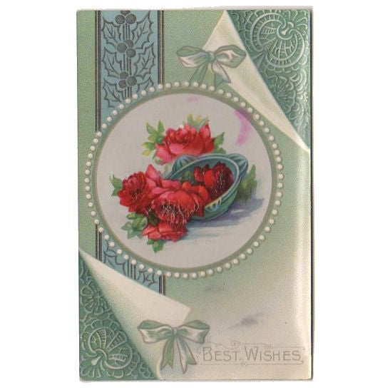 Vintage Best Wishes Postcard Red Roses Lace Corners