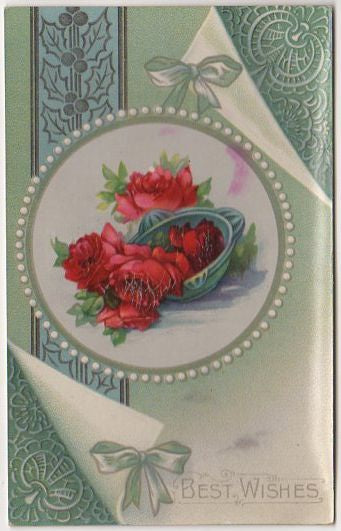 Vintage Best Wishes Postcard Red Roses Lace Corners