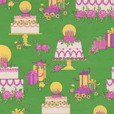 Vintage Birthday Wrapping Paper Sheet Decorated Cakes