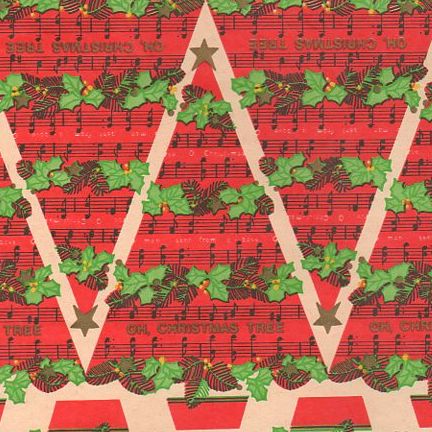 Vintage 1960s Christmas Wrapping Paper Musical Trees Red