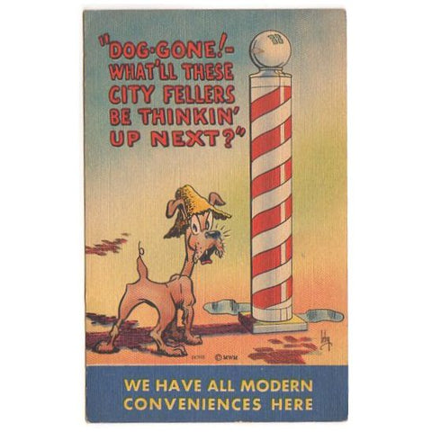 Vintage Comic Postcard Dog Barber Pole Artist Signed Irby Unused